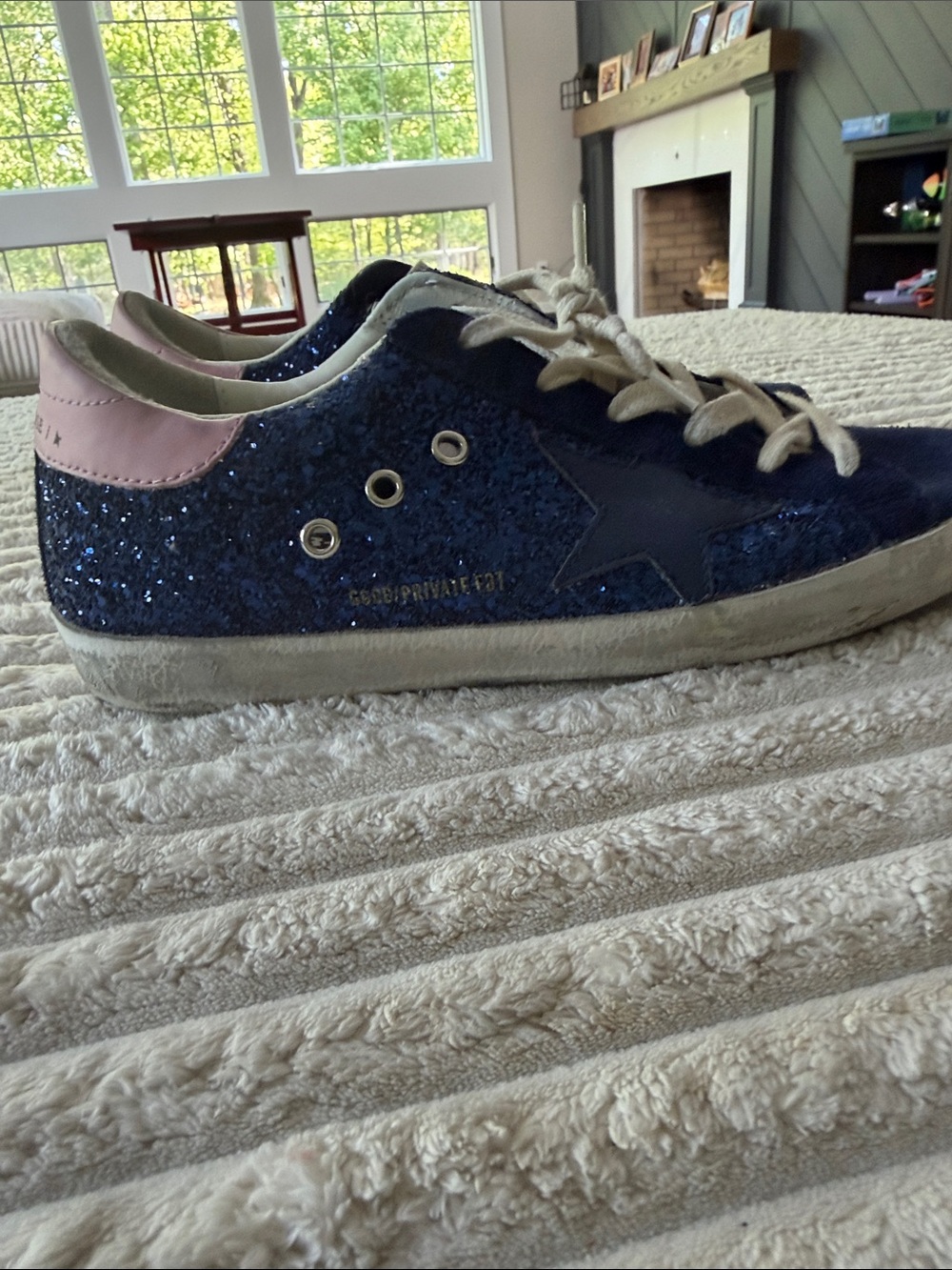 Golden Goose Navy Glitter Low-Top Sneakers with Pink Heel